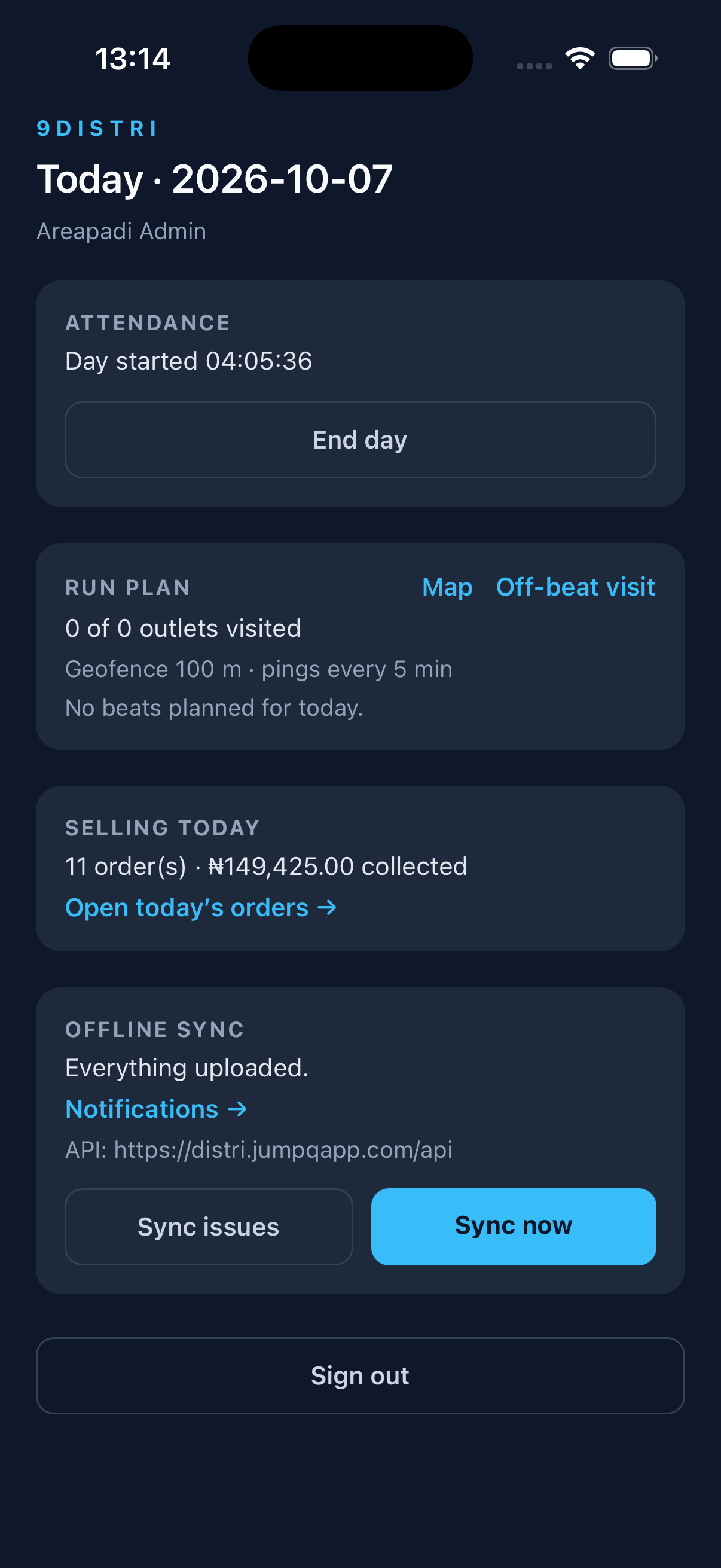 9Distri app: today's plan, attendance and beats